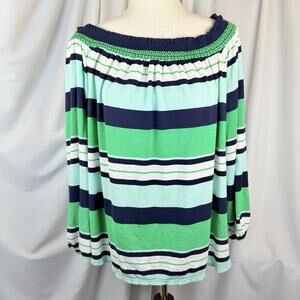 Crown & Ivy Curvy Off Shoulder Blouse Top Womens Kelly Green Stripe Preppy 2X